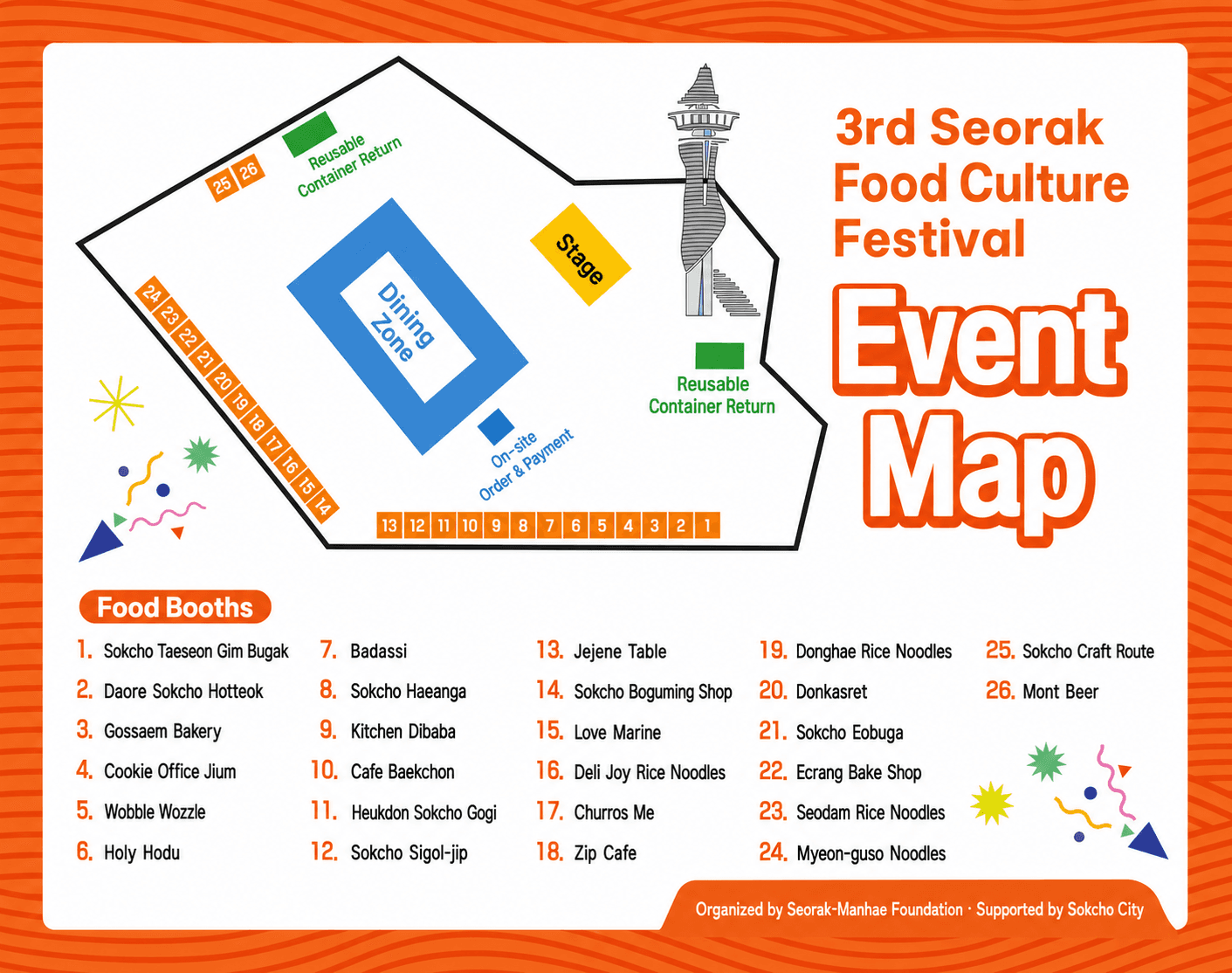 English overview map of the Seorak Food Culture Festival ground showing the stage, dining zone, reusable-container return stations, and booth-number rows.