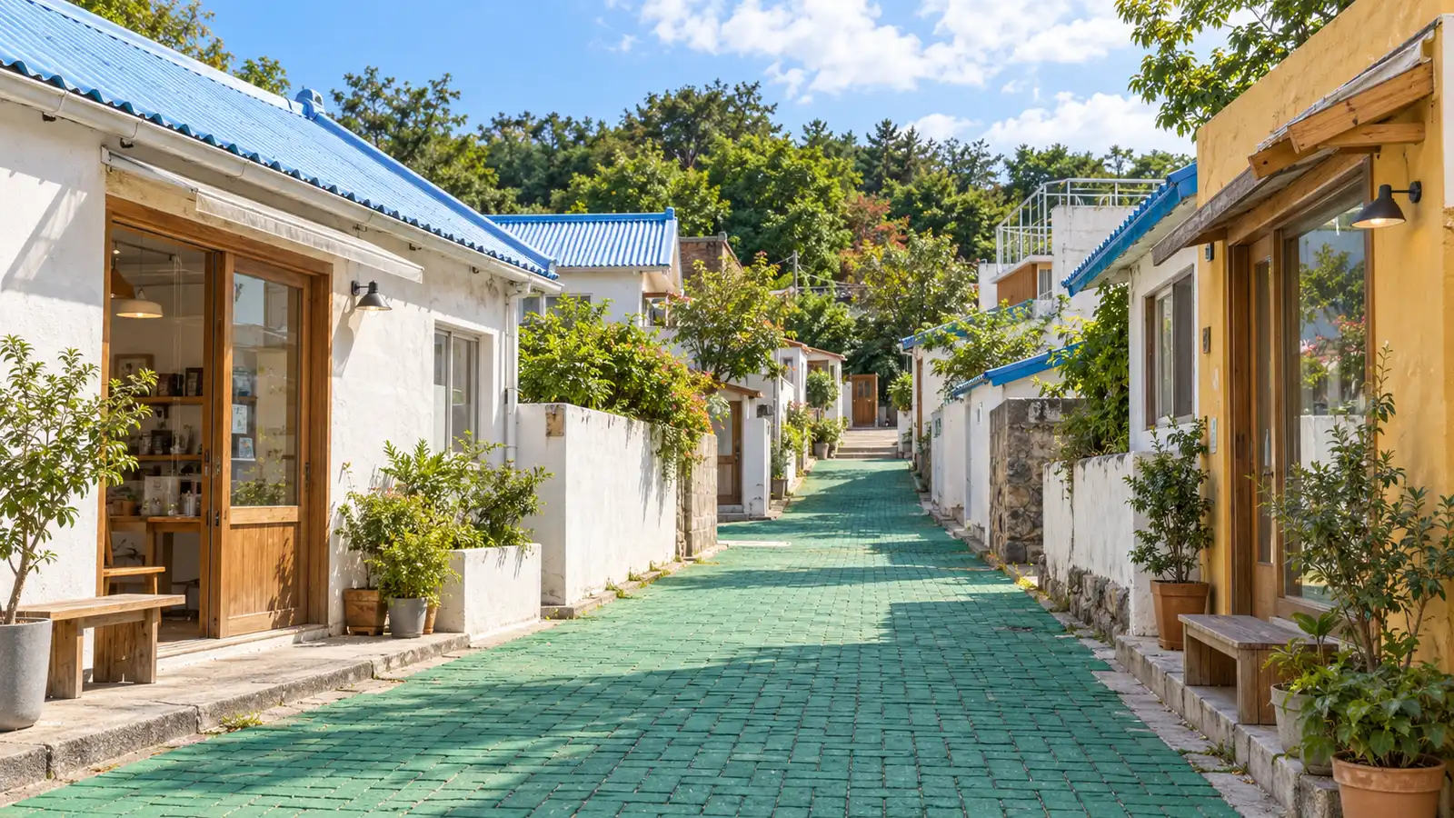 AI reconstruction of Saemaeul-inspired green lanes, low blue roofs and small storefronts in Sokcho