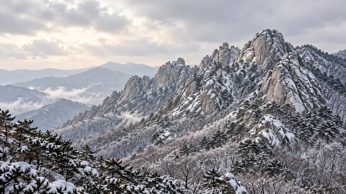 AI-generated photographic illustration of snow-dusted granite ridges and pine trees at Seoraksan