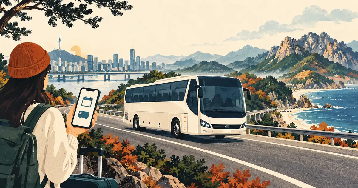 Illustration of a Seoul to Sokcho coach journey with a traveler checking a calendar on a phone