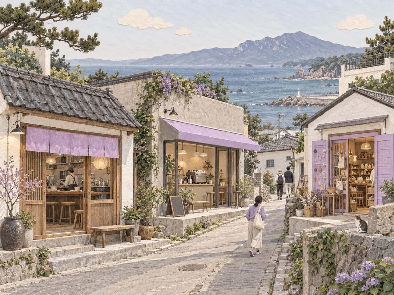 바다와 산을 배경으로 식당, 카페, 작은 상점이 이어진 동네를 그린 일러스트