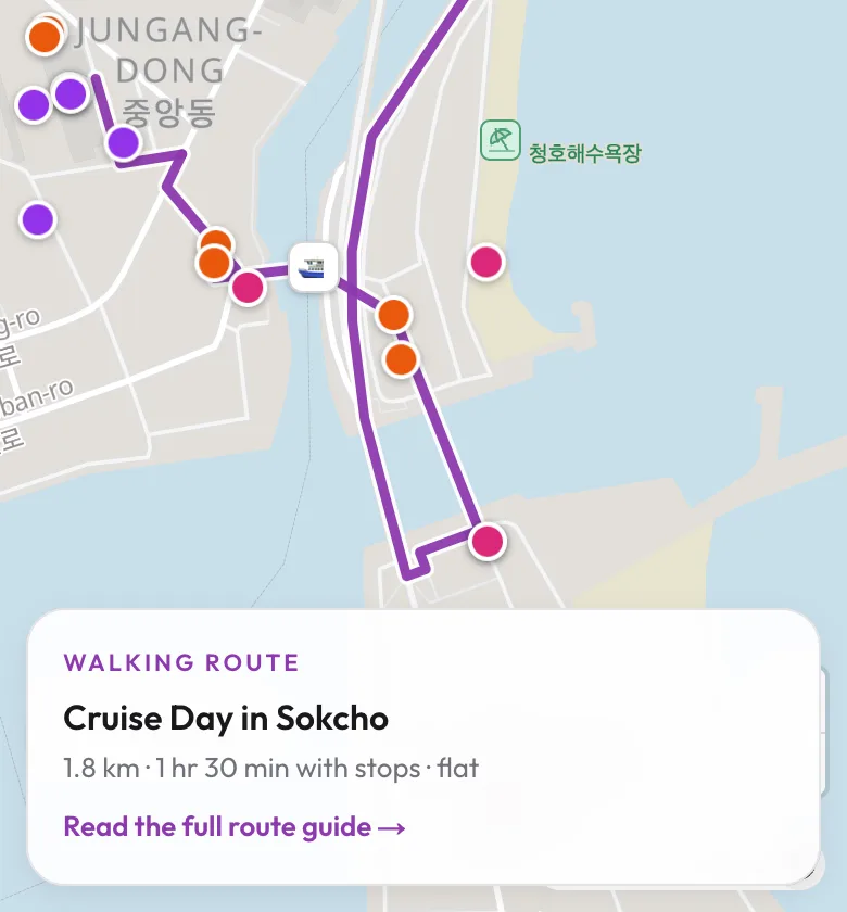 Preview of the Sokcho walking map with the cruise-day routes