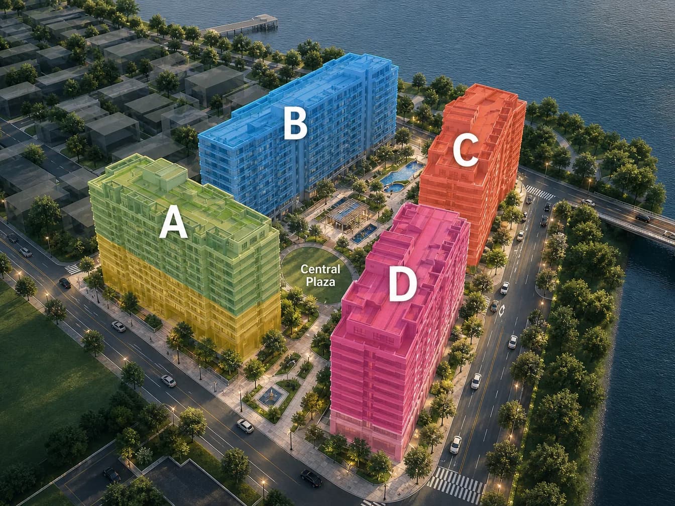 Illustrated aerial layout of Chestertons Sokcho showing A, B, C, and D buildings around the central plaza