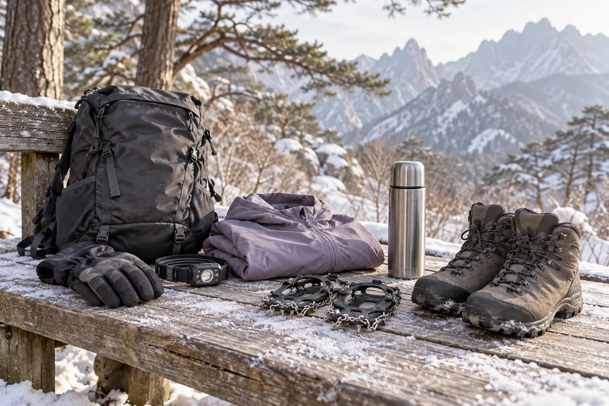 AI-generated photographic illustration of hiking boots, chain traction, gloves, headlamp and a daypack on a snowy bench