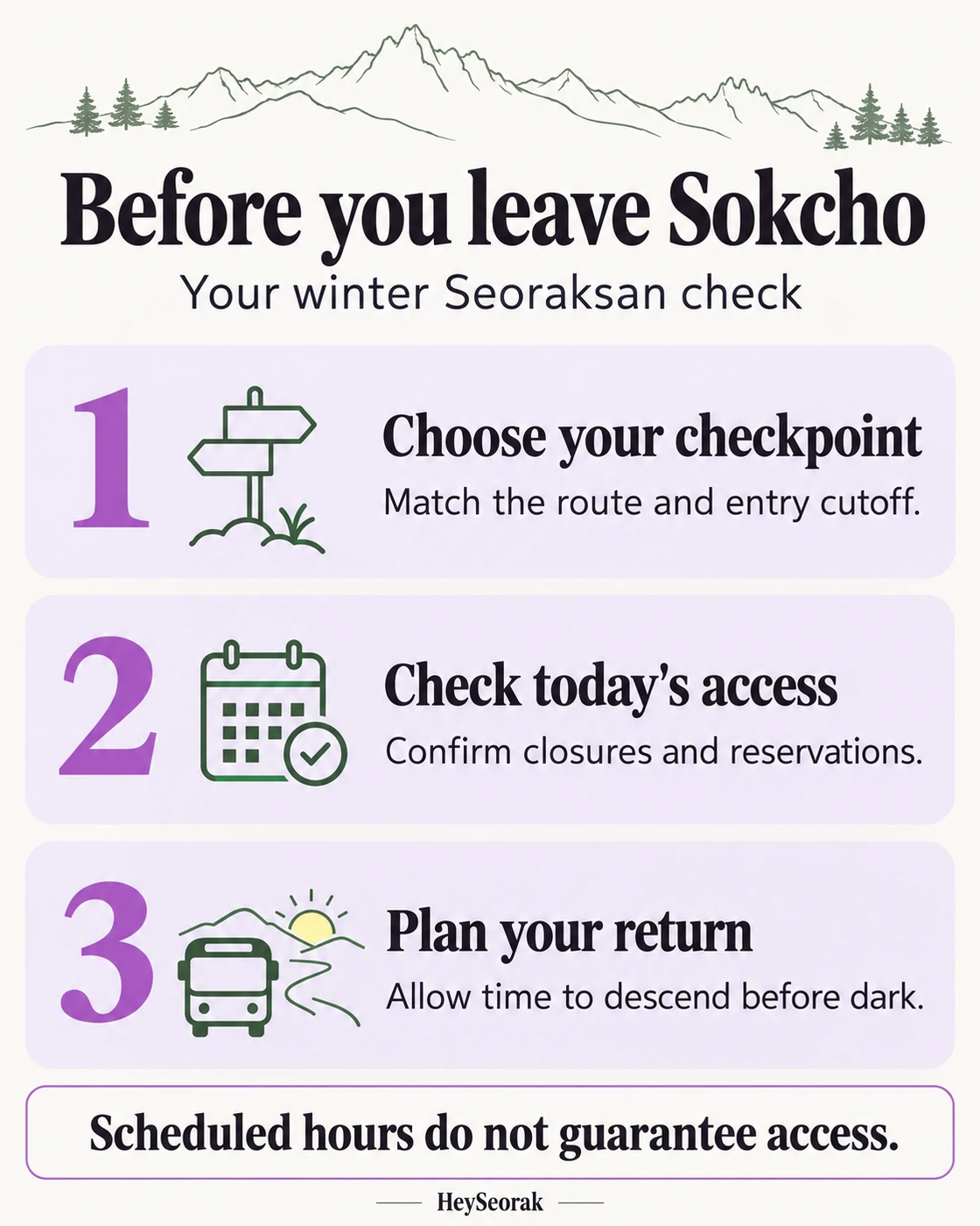 Before leaving Sokcho: choose your checkpoint, check closures and reservations, and plan your return before dark