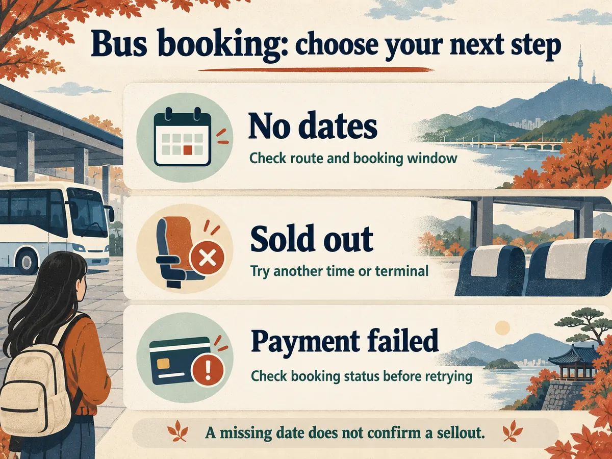 Booking decisions: missing dates need a route and booking-window check, sold-out buses need another departure, and failed payments need a reservation-status check