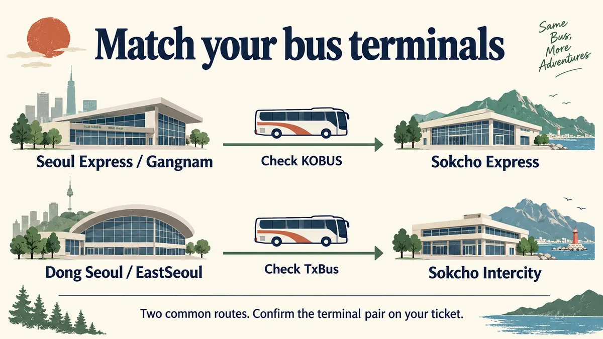 Two common bus terminal pairs: Seoul Express to Sokcho Express on KOBUS, and Dong Seoul to Sokcho Intercity on TxBus