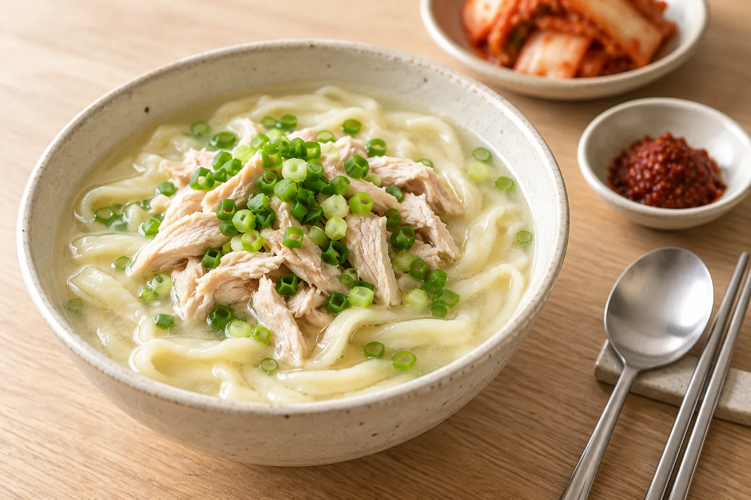 AI-generated photograph of chicken knife-cut noodles in pale broth with shredded chicken and scallions