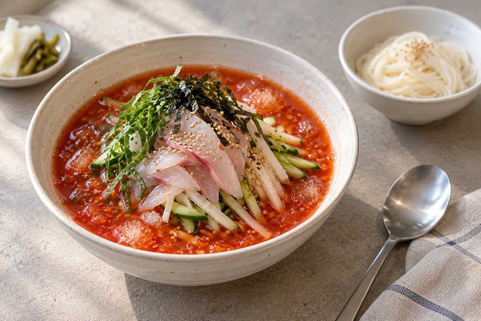 AI-generated photograph of raw white fish and cucumber in chilled red mulhoe broth, with noodles alongside