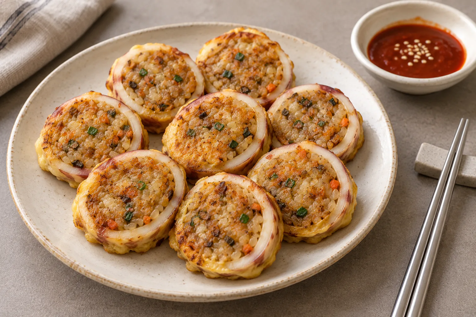 AI-generated photograph of golden pan-fried stuffed squid slices with rice and vegetable filling