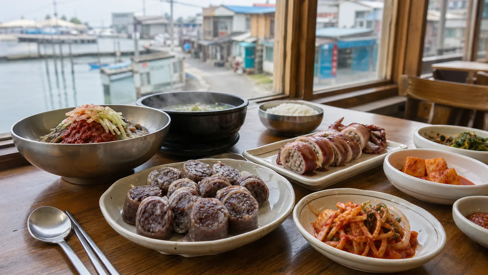 Editorial table scene with abai sundae, ojingeo sundae, cold noodles, and banchan near Abai Village